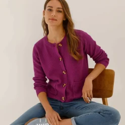 Gilet paletot maille fantaisie, boutons effet corne