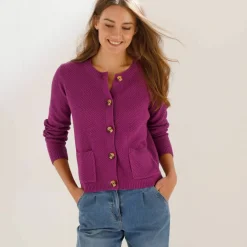 Gilet paletot maille fantaisie, boutons effet corne