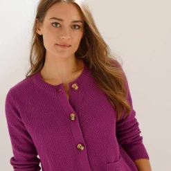 Gilet paletot maille fantaisie, boutons effet corne