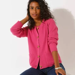 Gilet paletot maille fantaisie, boutons effet corne