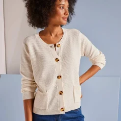 Gilet paletot maille fantaisie, boutons effet corne