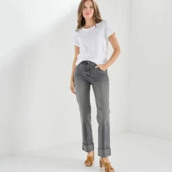 Jean droit à revers 7/8ème, taille haute