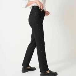 Jean noir coupe droite taille haute avec strass