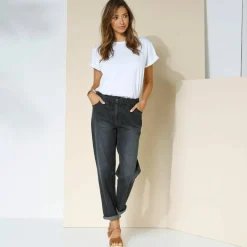 Jean stretch coupe mom confort, taille élastiquée