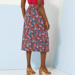 Jupe boutonnée fleuri unie, viscose