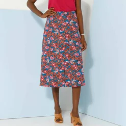 Jupe boutonnée fleuri unie, viscose