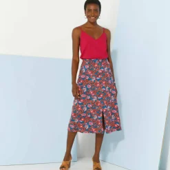 Jupe boutonnée fleuri unie, viscose