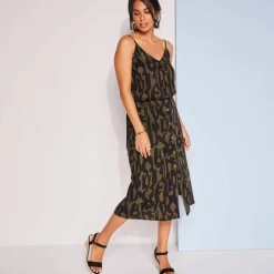 Jupe boutonnée fluide imprimé graphique, viscose