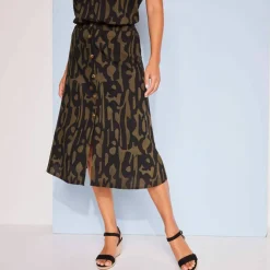 Jupe boutonnée fluide imprimé graphique, viscose