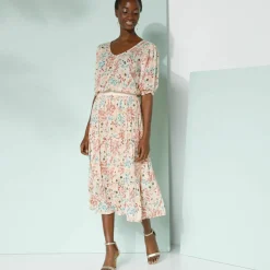 Jupe courte volantée imprimé fleuri, crépon