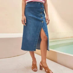 Jupe longue portefeuille en jean