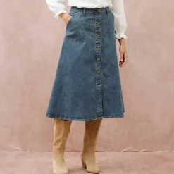Jupe longue évasée boutonnée devant, denim stretch