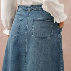 Jupe longue évasée boutonnée devant, denim stretch