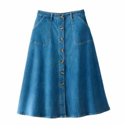 Jupe longue évasée boutonnée devant, denim stretch