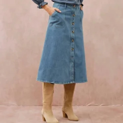 Jupe longue évasée boutonnée devant, denim stretch