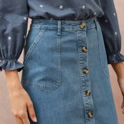Jupe longue évasée boutonnée devant, denim stretch