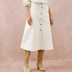 Jupe longue évasée boutonnée devant, twill stretch