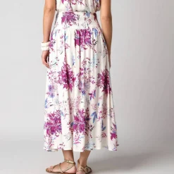Jupe longue évasée imprimé floral, taille smockée