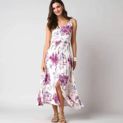Jupe longue évasée imprimé floral, taille smockée