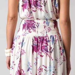 Jupe longue évasée imprimé floral, taille smockée