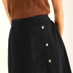 Jupe unie en coton-lin, boutonnage fantaisie