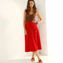 Jupe unie en coton-lin, boutonnage fantaisie
