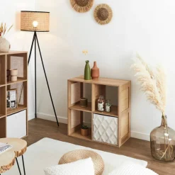 Meuble de rangement 4 cases, bois et rotin