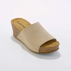 Mules compensées en cuir et talon liège
