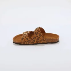 Mules en cuir 2 boucles réglables motif léopard