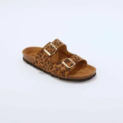 Mules en cuir 2 boucles réglables motif léopard