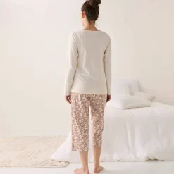 Pantacourt pyjama coton imprimé "feuillage" avec lien à nouer