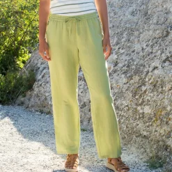 Pantalon coupe mom en coton/lin, taille élastiquée