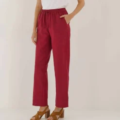 Pantalon coupe mom en coton/lin, taille élastiquée