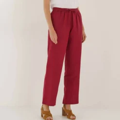 Pantalon coupe mom en coton/lin, taille élastiquée