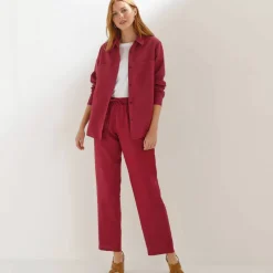 Pantalon coupe mom en coton/lin, taille élastiquée