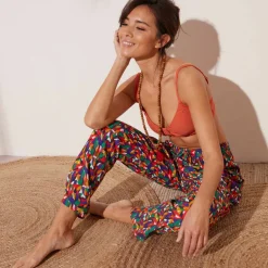 Pantalon droit imprimé, crépon fluide
