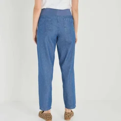 Pantalon droit 7/8ème, taille élastiquée, denim