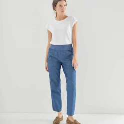 Pantalon droit 7/8ème, taille élastiquée, denim
