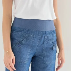 Pantalon droit 7/8ème, taille élastiquée, denim