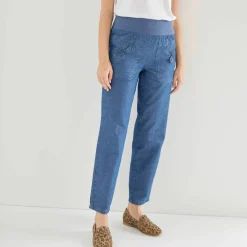 Pantalon droit 7/8ème, taille élastiquée, denim