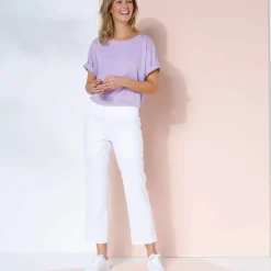 Pantalon droit 7/8ème, taille élastiquée, lin coton