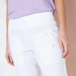 Pantalon droit 7/8ème, taille élastiquée, lin coton