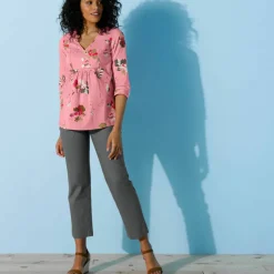 Pantalon droit 7/8ème, taille élastiquée, lin coton