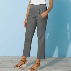 Pantalon droit 7/8ème, taille élastiquée, lin coton