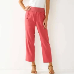 Pantalon droit 7/8ème, taille élastiquée, lin coton