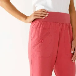 Pantalon droit 7/8ème, taille élastiquée, lin coton