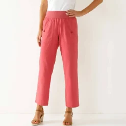 Pantalon droit 7/8ème, taille élastiquée, lin coton