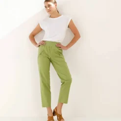 Pantalon droit 7/8ème, taille élastiquée, lin coton