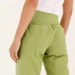 Pantalon droit 7/8ème, taille élastiquée, lin coton