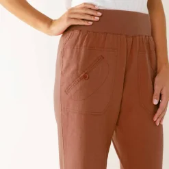 Pantalon droit 7/8ème, taille élastiquée, lin coton